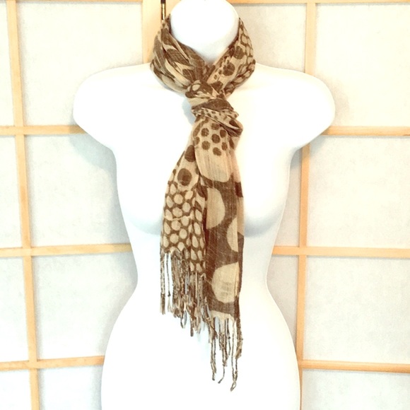 D&Y Accessories - Gauzy brown tan fringed scarf, polka dotted